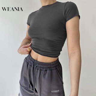 Weania เสื้อยืด คอกลม แขนสั้น แบบเข้ารูป เรียบง่าย สําหรับผู้หญิง