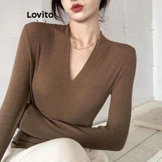 Lovito เสื้อยืดลําลอง เรียบง่าย สําหรับผู้หญิง L61AD036 (สีน้ําตาล/ดํา)