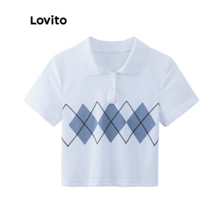 Lovito เสื้อยืด คอโปโล แขนสั้น กระดุมติด ลายสก๊อต สไตล์เพร็พพี่ สำหรับผู้หญิง LNE02003 (สีขาว)