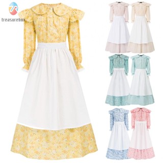 【TRSBX】Kids Girls Cotton Colonial Dress Costume Set Long Sleeve Pioneer Style Apron Hat