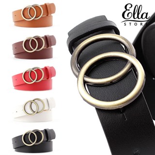 Ellastore123 เข็มขัดหนังเทียม หัวเข็มขัดกลม ปรับได้ แฟชั่นสําหรับผู้หญิง