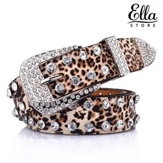 Ellastore123 เข็มขัดหนังเทียม แบบนิ่ม ลายเสือดาว ประดับพลอยเทียม แฟชั่นสําหรับผู้หญิง