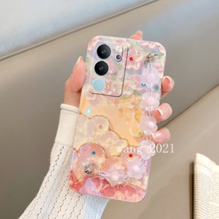 ใหม่ เคสโทรศัพท์มือถือนิ่ม ลายภาพวาดสีน้ํามัน รูปดอกไม้ ประดับพลอยเทียม บลูเรย์ คุณภาพสูง พร้อมสายคล้องมือ สําหรับ VIVO V29 5G VIVO V29e V29 Pro 5G 2023 VIVOV29 5G