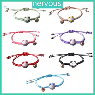Nerv สร้อยข้อมือเชือกถัก แฮนด์เมด สีแดง ปรับได้ จี้รูปแมวนําโชค เครื่องประดับ สําหรับผู้หญิง