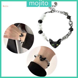 Mojito สร้อยข้อมือ สายรัดข้อมือ จี้หัวแมว สีดํา สไตล์พังก์ ฮิปฮอป เครื่องประดับ สําหรับผู้หญิง วันเกิด วาเลนไทน์