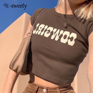 U-sweety ใหม่ เสื้อยืดลําลอง แขนสั้น คอกลม พิมพ์ลาย แฟชั่นสําหรับสตรี 2023