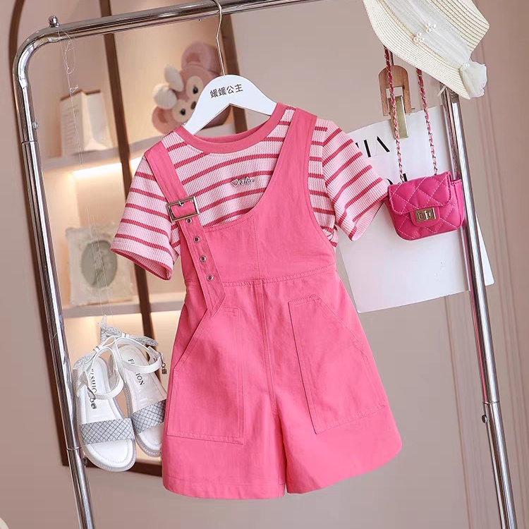 ชุดเอี๊ยมแขนสั้น กางเกงขาสั้น แฟชั่นฤดูร้อน สําหรับเด็กผู้หญิง สองชิ้น