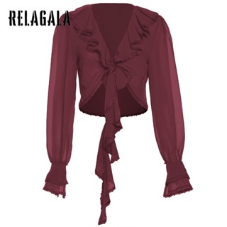 Relagala ใหม่ เสื้อยืดลําลอง แขนยาว คอวี สีพื้น แฟชั่นสําหรับสตรี 2023