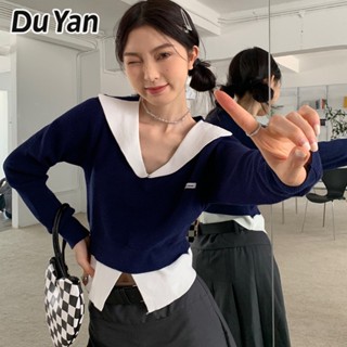 Du Yan เสื้อยืดแขนยาว คอวี ผ่าข้าง สไตล์เกาหลี สําหรับผู้หญิง สองชิ้น