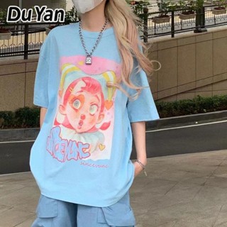 Du Yan เสื้อยืดลําลอง แขนสั้น ทรงหลวม สีฟ้า สไตล์ฮิปฮอป สําหรับสตรี