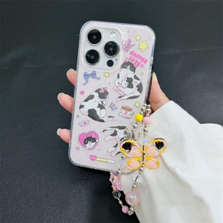 เคสโทรศัพท์มือถือ ซิลิโคนนิ่ม กันกระแทก ลายการ์ตูนกราฟฟิตี้แมวน่ารัก มีสายโซ่คล้อง สีดํา ขาว สําหรับ Iphone 14 13Promax 11 12