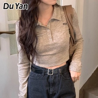 Du Yan เสื้อกันหนาว แขนยาว คอปกโปโล เรียบง่าย เก๋ไก๋ ฤดูใบไม้ร่วง สําหรับผู้หญิง