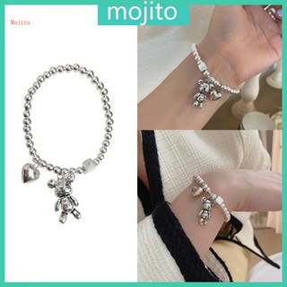 Mojito สร้อยข้อมือ สเตนเลส ประดับลูกปัดกลม ลายหมี สไตล์เกาหลี ฮิปฮอป เรโทร เรียบง่าย สําหรับผู้หญิง