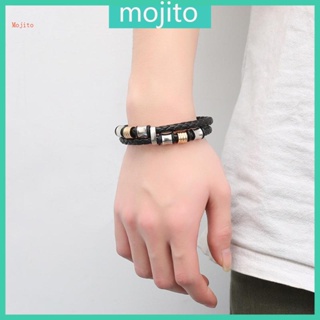 Mojito ผู้ชาย สองแถว สีดําถัก สร้อยข้อมือหนัง สายรัดข้อมือ เครื่องประดับโลหะผสม พังก์ร็อค กําไลข้อมือ เครื่องประดับชาย