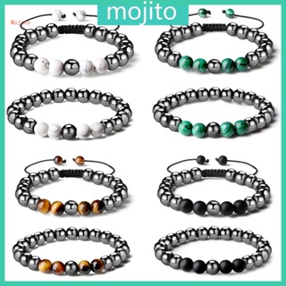 Mojito สร้อยข้อมือลูกปัดหินออบซิเดียน แม่เหล็ก สีดํา สําหรับผู้ชาย ผู้หญิง 2 ชิ้น