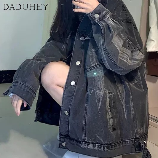 DaDuHey New Cool Jacket Fashion Fried Street Tie-Dyed Denim Jacket Female BF Idle Style Loose Top