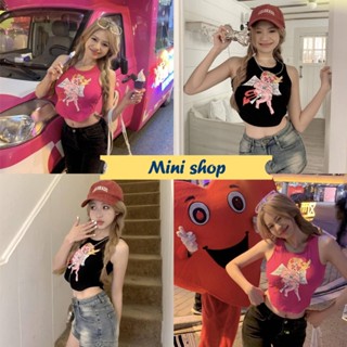 Mini shop🌸พร้อมส่ง🌸 (M3827) เสื้อกล้ามท็อป ผ้าไหมพรม ครอปสั้น สกรีนลายการ์ตูน -C