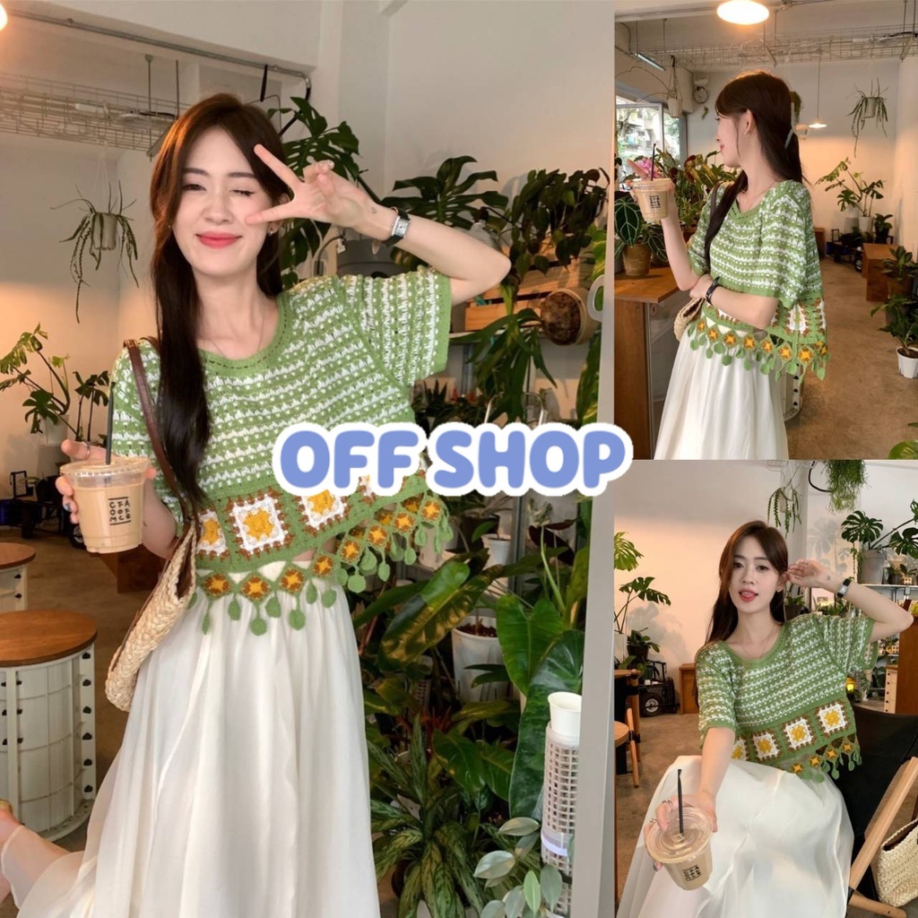OFF SHOP พร้อมส่ง (OFF-91089) เสื้อคอกลม แขนสั้น ถักไหมพรมลายดอกไม้ สีเขียว -C