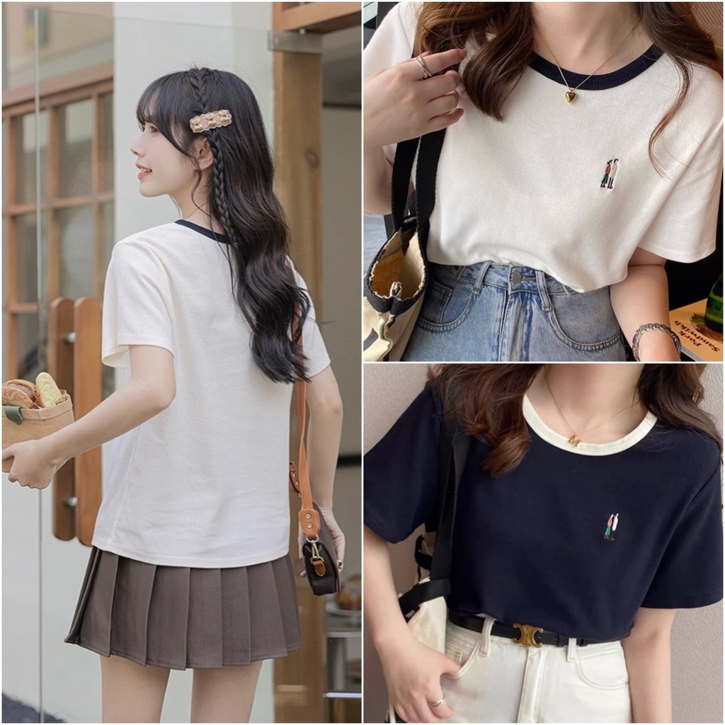 พร้อมส่ง เสื้อยืดไหมพรม เสื้อถัก งานสีพื้นมินิมอล ภาพปักลายน่ารัก