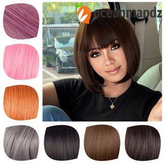 Oceanmapdz วิกผมสั้นตรง สีดํา ทนความร้อน ไฟเบอร์บ๊อบ วิกผมสังเคราะห์ สีน้ําตาลธรรมชาติ แฟชั่น พร้อมหน้าม้า โลลิต้า