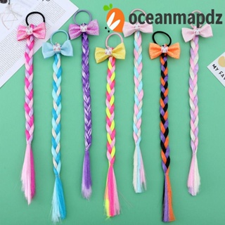 Oceanmapdz สาวถักวิกผมหางม้า, ยางรัดผมถักที่มีสีสันสายรุ้ง, เจ้าหญิงสังเคราะห์น่ารัก Headwear โบว์เด็กการ์ตูนหางม้าปาร์ตี้