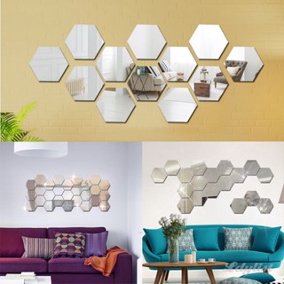 ✿ 12 ชิ้น 3d กระจกผนังสติ๊กเกอร์หกเหลี่ยมกาวในตัวกระเบื้องสติ๊กเกอร์ที่ถอดออกได้ผนังสติ๊กเกอร์ส่วนบุคคลกระจกตกแต่ง DIY ตกแต่งบ้าน