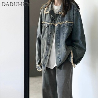 DaDuHey🎈 Women Autumn Retro Frayed Fashionable Ins Ripped Denim Jacket Loose Casual All-Matching Workwear Jacket Top