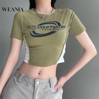 Weania เสื้อยืด เสื้อครอป แขนสั้น พิมพ์ลายตัวอักษร สไตล์วิทยาลัย สําหรับผู้หญิง