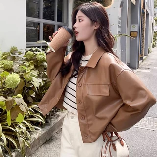 พร้อมส่ง แจ็คเกตหนัง เสื้อแขนยาว แฟชั่นสไตล์วินเทจ สีคลุมโทน