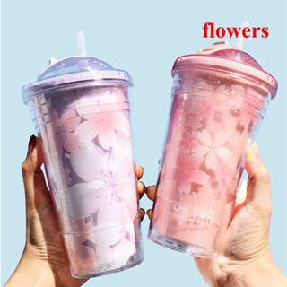 Flowers แก้วน้ํา มีฉนวนกันความร้อน พร้อมฝาปิด และหลอดดูด 480 มล. สําหรับเดินทาง