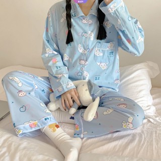 ชุดนอน เสื้อคาร์ดิแกน แขนยาว พิมพ์ลายการ์ตูน Cinnamoroll ทรงหลวม สองชิ้น สําหรับผู้หญิง [RAIN]