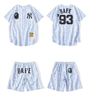 Bape × MLB NY เสื้อยืด เสื้อคาร์ดิแกน แขนสั้น ลายพราง สีดํา สไตล์ฮิปฮอป