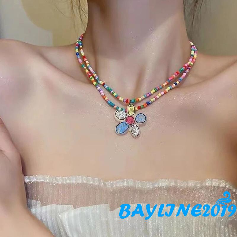 Bay-women สร้อยคอลูกปัดผีเสื้อ/ดอกไม้ Double Layered Choker สร้อยคอ Charm สร้อยคอพร้อมจี้