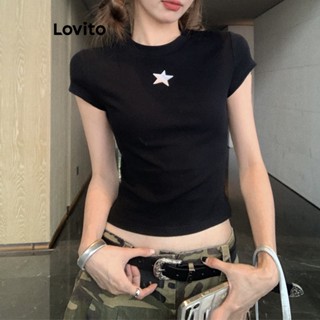 Lovito เสื้อยืดแขนสั้นลําลอง Y2K แบบเรียบ สําหรับผู้หญิง LNA20039 (สีดํา)