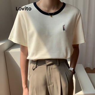 Lovito เสื้อยืดลําลอง ขนาดใหญ่ ปักลาย สีตัดกัน สําหรับสตรี LNA20166 (สีขาว)