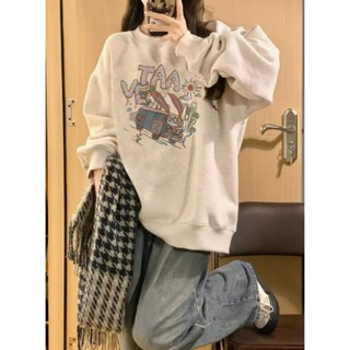 【ชุดเด็กผู้หญิง】เสื้อสเวตเตอร์ แขนยาว คอกลม พิมพ์ลาย สไตล์เกาหลี ทรงหลวม สำหรับผู้หญิง