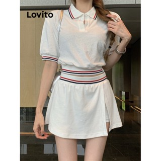 Lovito ชุดเสื้อโปโล และกระโปรง แขนพัฟ แต่งผ่าหน้า สีคอนทราสต์ สําหรับผู้หญิง LNE20012 (ด้านบน/กระโปรง)