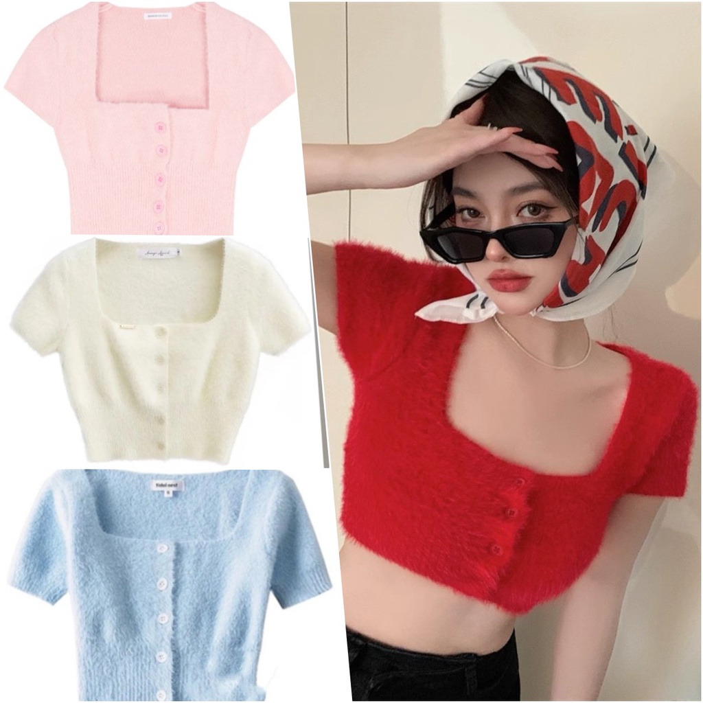 พร้อมส่ง เสื้อครอปผ้าขนมิ้ง เสื้อน่ารัก กระดุมหน้า แฟชั่นผู้หญิง