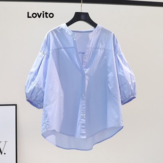 Lovito เสื้อเบลาส์ ลําลอง กระดุมต่ํา สําหรับผู้หญิง LNE20085 (สีฟ้าอ่อน)