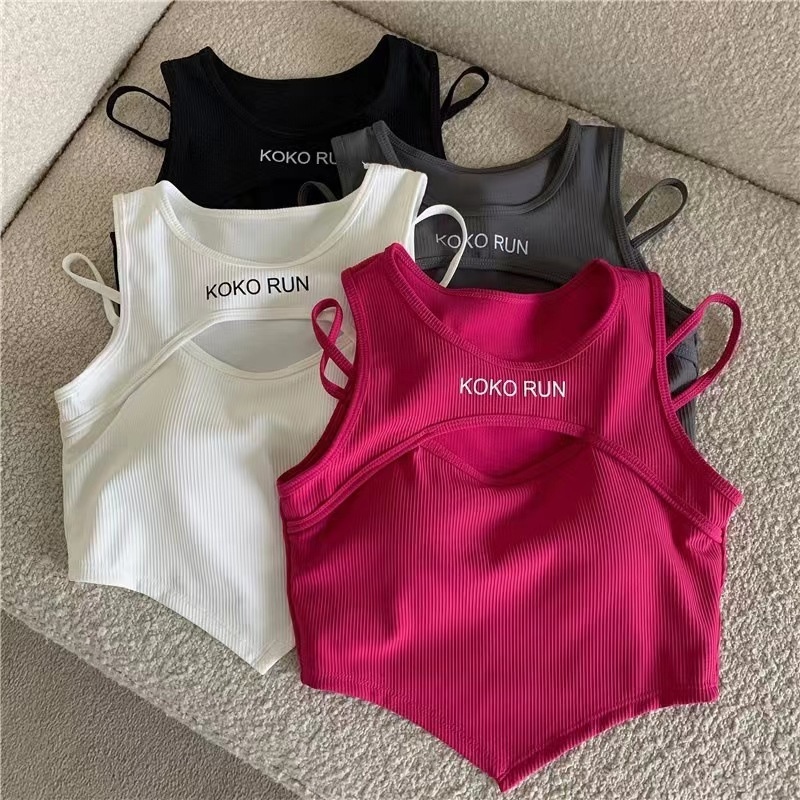 #112 สินค้าพร้อมส่งจากไทย เสื้อครอป ผ้านุ่มใส่สบายสกรีนอักษร แต่งสายเดี่ยวเปิดไหล่ COK