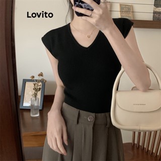 Lovito เสื้อท็อปส์ลําลอง คอวี ผ้าถัก แบบเรียบ เข้ารูป สําหรับผู้หญิง LNA20180 (สีเขียว/ดํา)