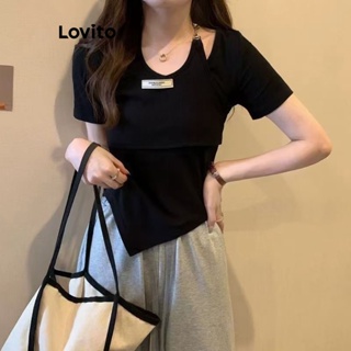 Lovito เสื้อยืดลําลอง แขนสั้น พิมพ์ลายตัวอักษร โลหะ สําหรับผู้หญิง LNA20022 (สีขาว/ดํา)