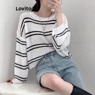 Lovito เสื้อกันหนาว แขนยาว ผ้าถัก ลายทาง ลําลอง สําหรับผู้หญิง LNA20145 (สีขาว)