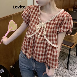 Lovito เสื้อเบลาส์ลําลอง แขนพัฟ สีคอนทราสต์ สําหรับผู้หญิง LNA20037 (สีแดง)