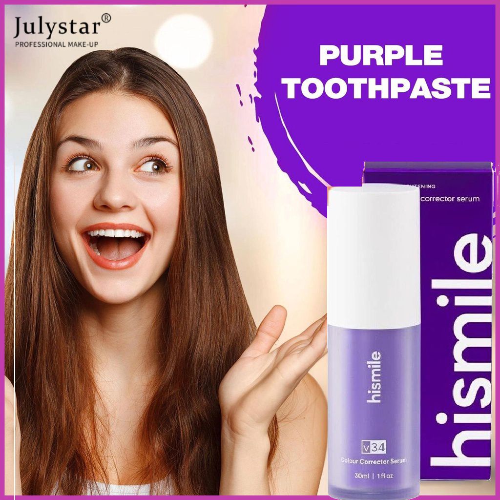 JULYSTAR HISMILE V34 30ml ยาสีฟันสีม่วง Corrector ยาสีฟันสำหรับฟันสีขาว Brightening Tooth Care ยาสีฟันลดสีเหลือง