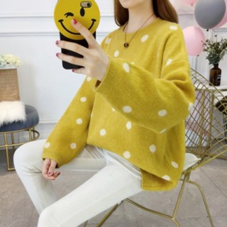 Sweater เสื้อสเวทเตอร์ไหมพรม สีเหลือง แขนยาวลายจุด พร้อมส่ง