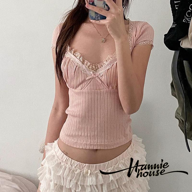 เสื้อยืดแขนสั้น แต่งลูกไม้ สีชมพู สําหรับผู้หญิง