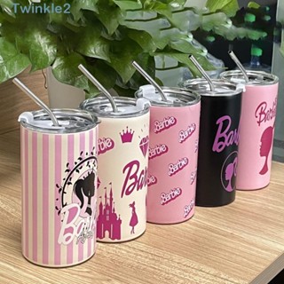 Twinkle แก้วน้ําสเตนเลส มีฉนวนกันความร้อน ลายการ์ตูนบาร์บี้ สีชมพู ความจุขนาดใหญ่ 400 มล. พกพาง่าย สําหรับเด็กผู้หญิง