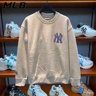 Mlb NY ของแท้ 100% เสื้อกันหนาว ผ้าฝ้ายถัก คอกลม พิมพ์ลายโลโก้ ขนาดใหญ่ สําหรับผู้ชาย และผู้หญิง