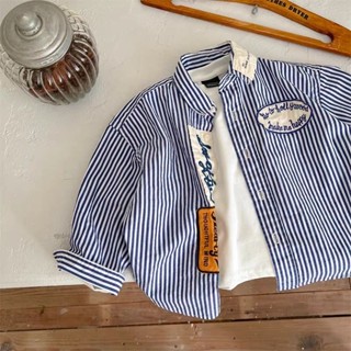 เสื้อเชิ้ตแขนยาว คอปก ลายทาง สีตัดกัน สไตล์เกาหลี สําหรับเด็กผู้ชาย